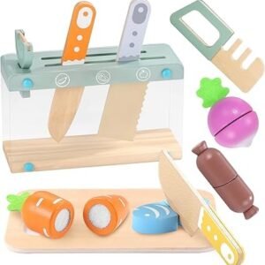 Wooden Kids Play Kitchen Set with Toy Utensils & Velcro Food – Montessori Pretend Cooking Playset