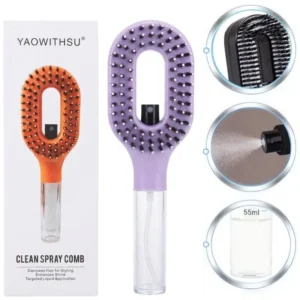 2-in-1 Misting Hair Brush with Water Spray Bottle | Fine Mist Detangling Brush for Curly, Wavy & Straight Hair | Wet & Dry Styling Brush | Portable Anti-Frizz Hair Comb